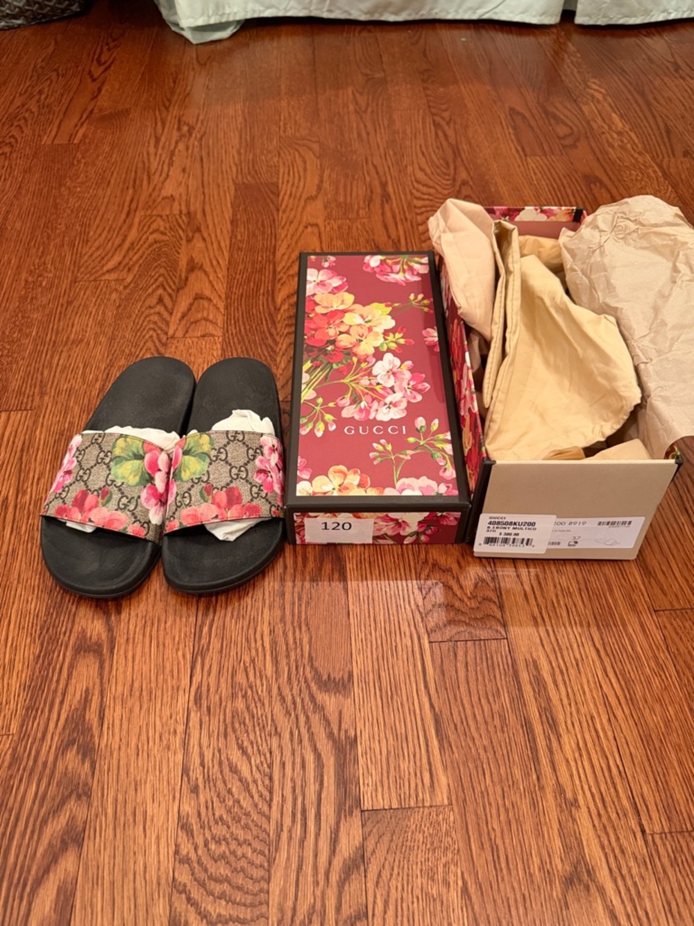 Gucci Floral GG Canvas Slide Sandals - Black Footbed, Pink & Green Floral - Picture 2 of 4